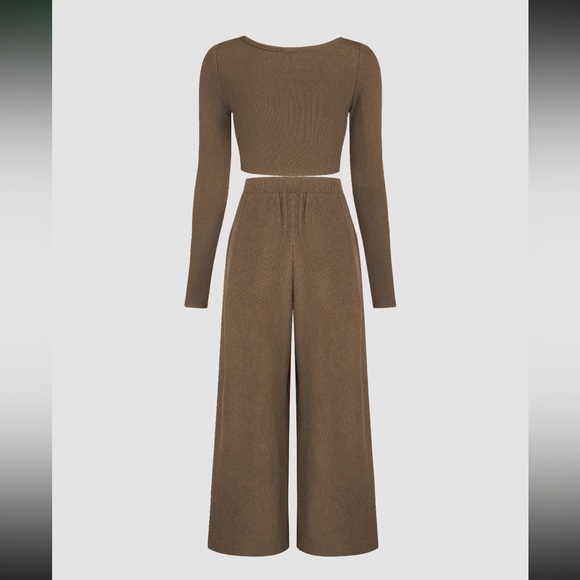 NWOT Set Cider Solid Knitted Ribbed Crop Top Long-Sleeve and Wide Leg Pants - Picture 2 of 16